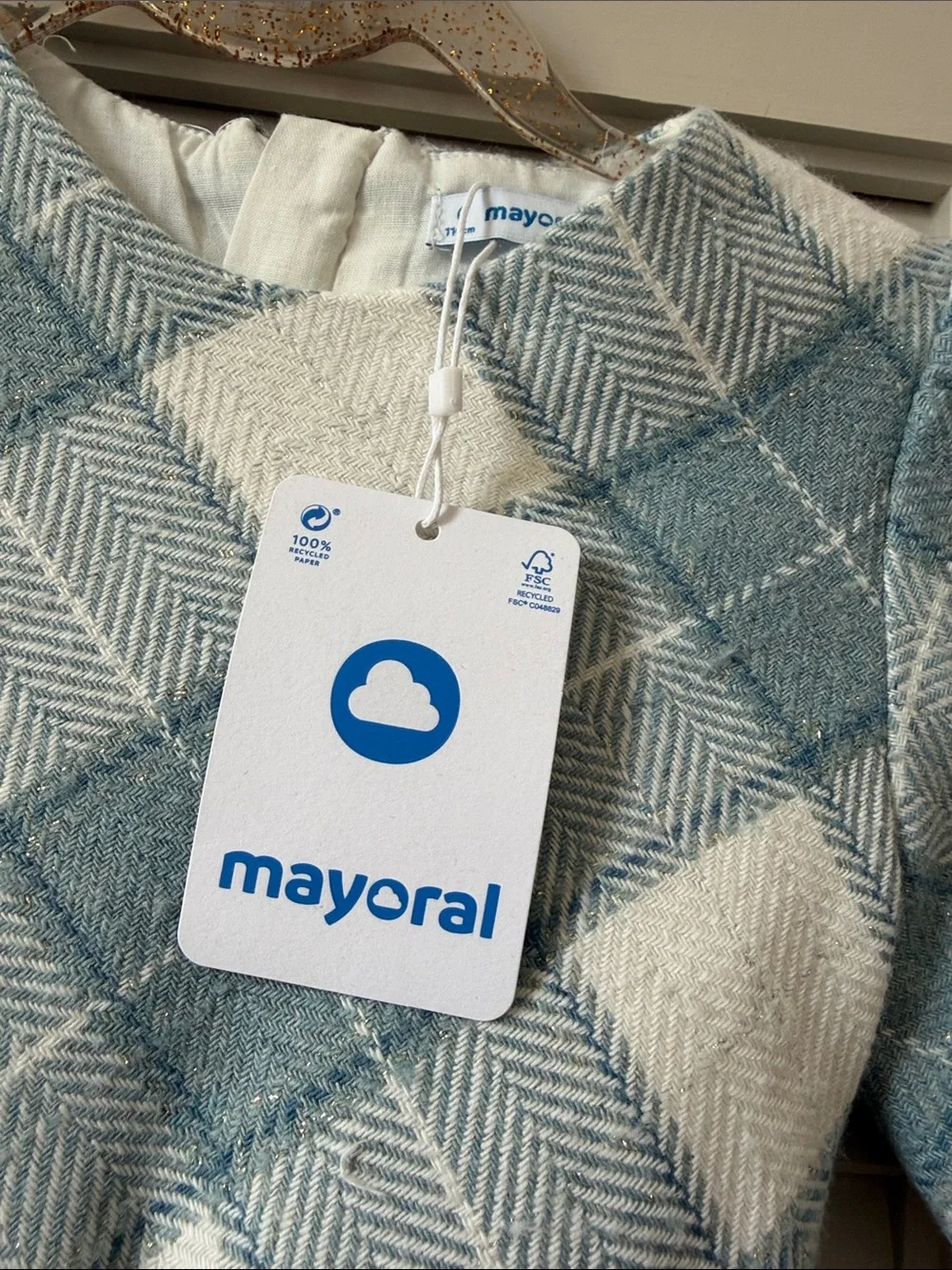 Mayoral Blue and White Plaid Long-Sleeve Dress with Belt